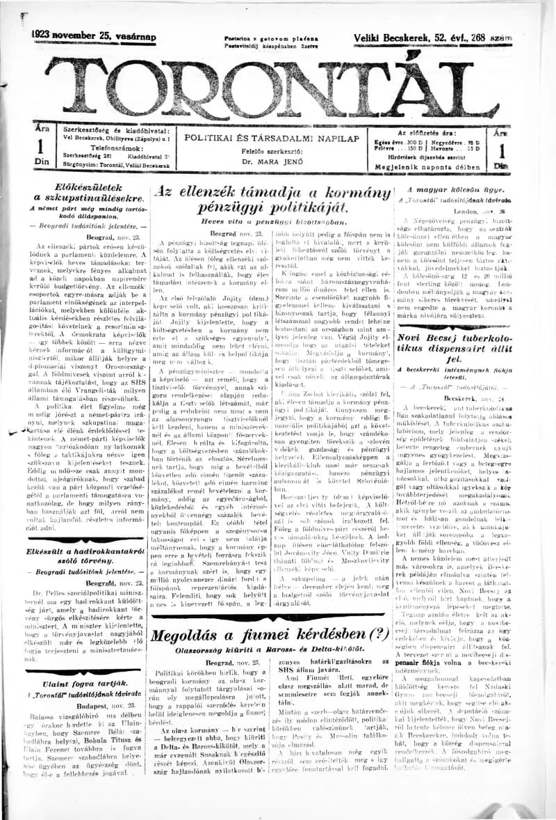 Torontál, 52. évf. 1923. november 25. 268. sz.