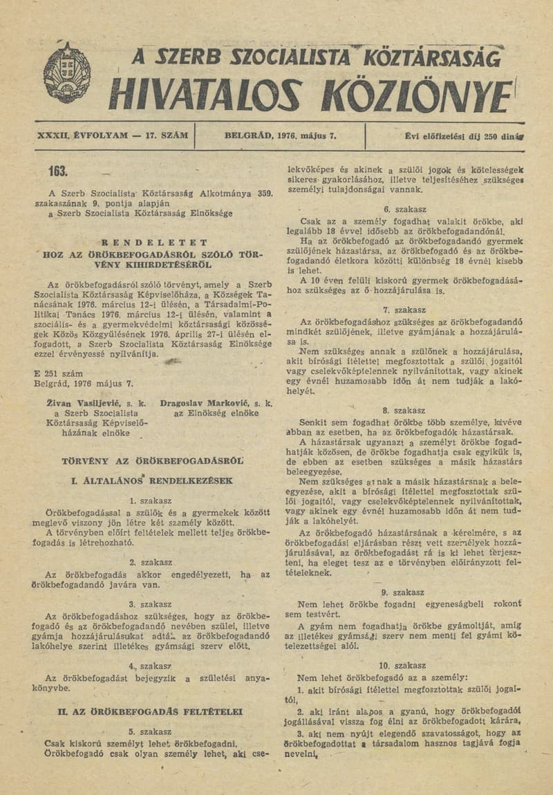 A Szerb Szocialista Köztársaság Hivatalos Közlönye, 32. évf. 1976. május 7. 17. sz. 5–8. oldal