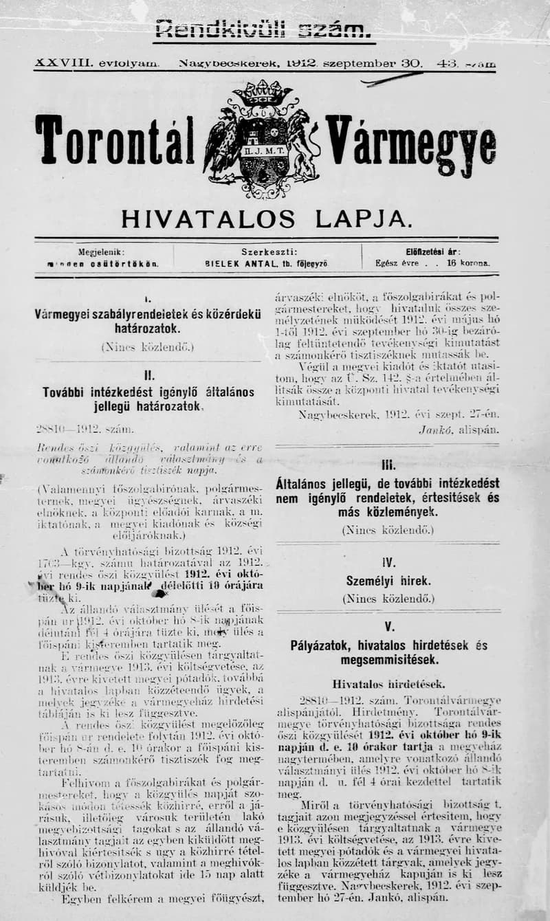 Torontál Vármegye Hivatalos Lapja, 28. évf. 1912. szeptember 30. 43. sz.