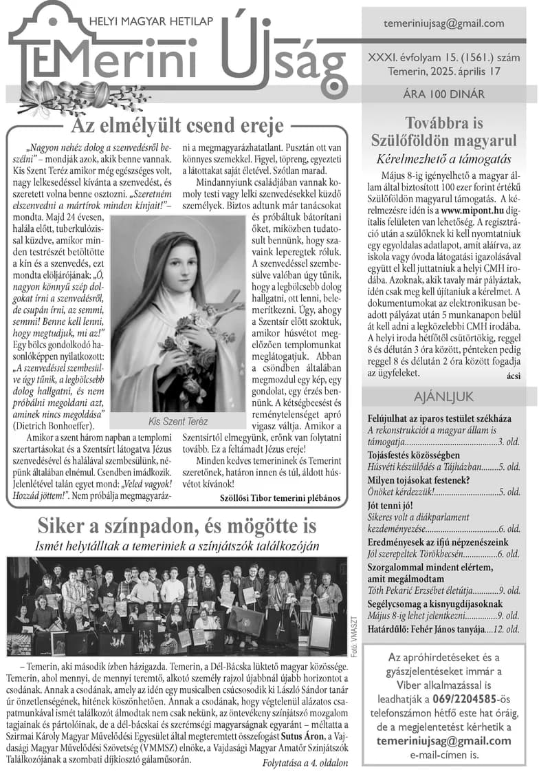 Temerini Újság, 31. évf. 2025. április 17. 15. sz.