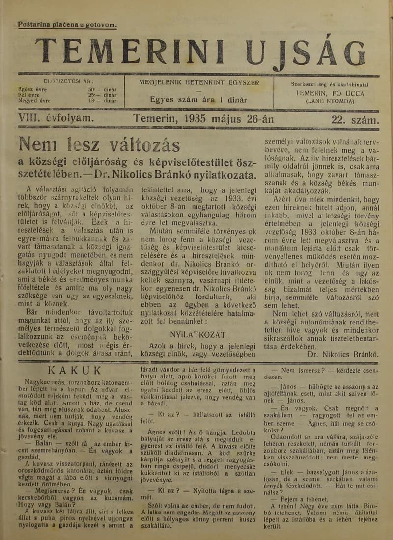 Temerini Újság 1928-1944, 8. évf. 1935. május 26. 22. sz.
