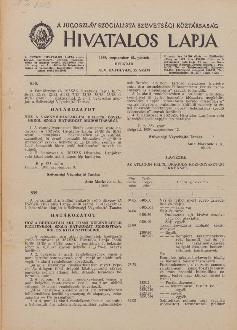 A Jugoszláv Szocialista Szövetségi Köztársaság Hivatalos Lapja, 45. évf. 1989. szeptember 15. 55. sz. 1345–1392. oldal
