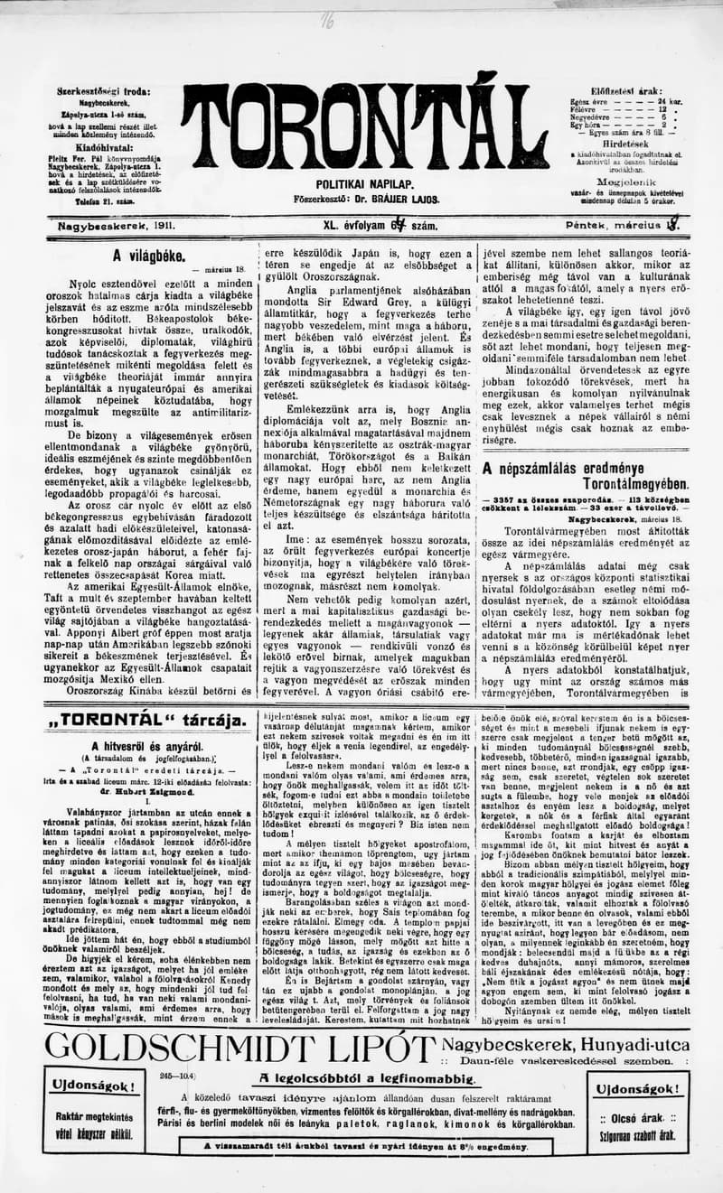 Torontál, 40. évf. 1911. március 18. 64. sz.