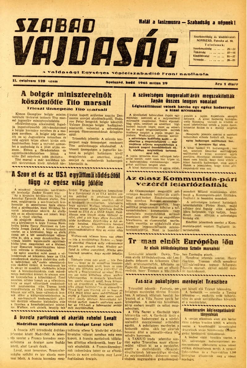 Szabad Vajdaság, 2. évf. 1945. május 29. 120. sz.