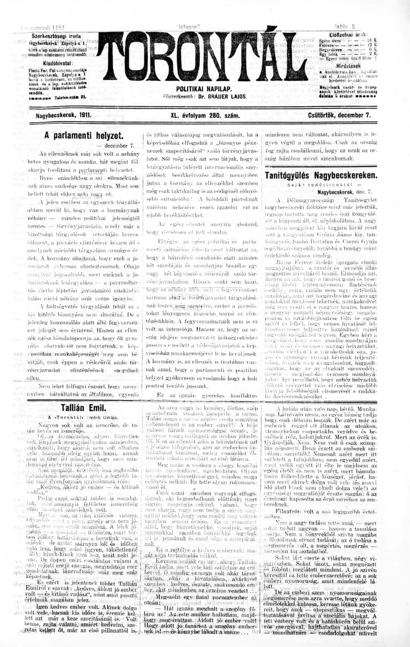 Torontál, 40. évf. 1911. december 7. 280. sz.