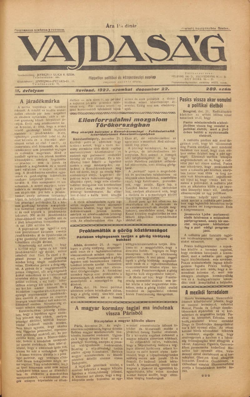 Vajdaság, 3. évf. 1923. december 22. 289. sz.