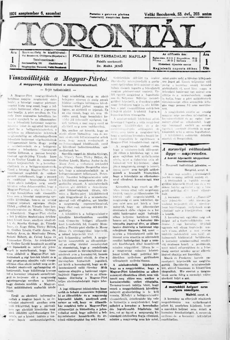 Torontál, 53. évf. 1924. szeptember 6. 203. sz.
