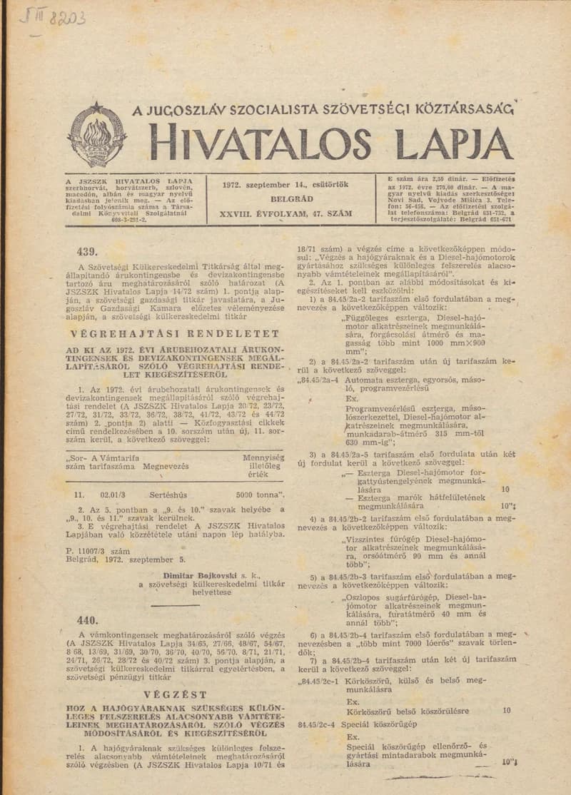 A Jugoszláv Szocialista Szövetségi Köztársaság Hivatalos Lapja, 28. évf. 1972. szeptember 14. 47. sz. 885–892. oldal