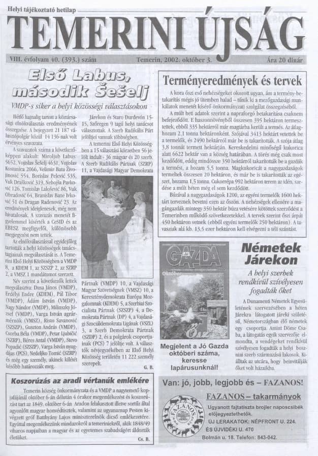 Temerini Újság, 8. évf. 2002. október 3. 40. sz.