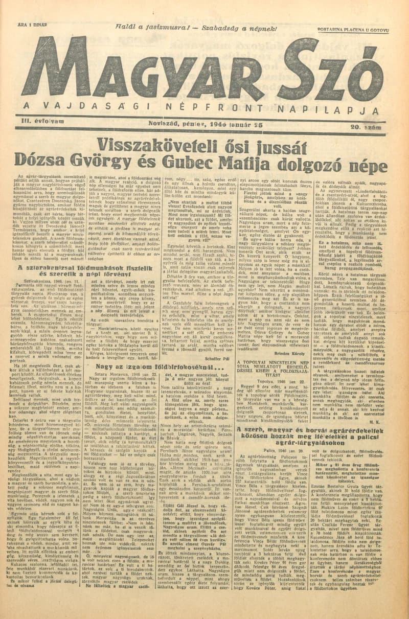 Magyar Szó, 3. évf. 1946. január 25. 20. sz. 1–4. oldal