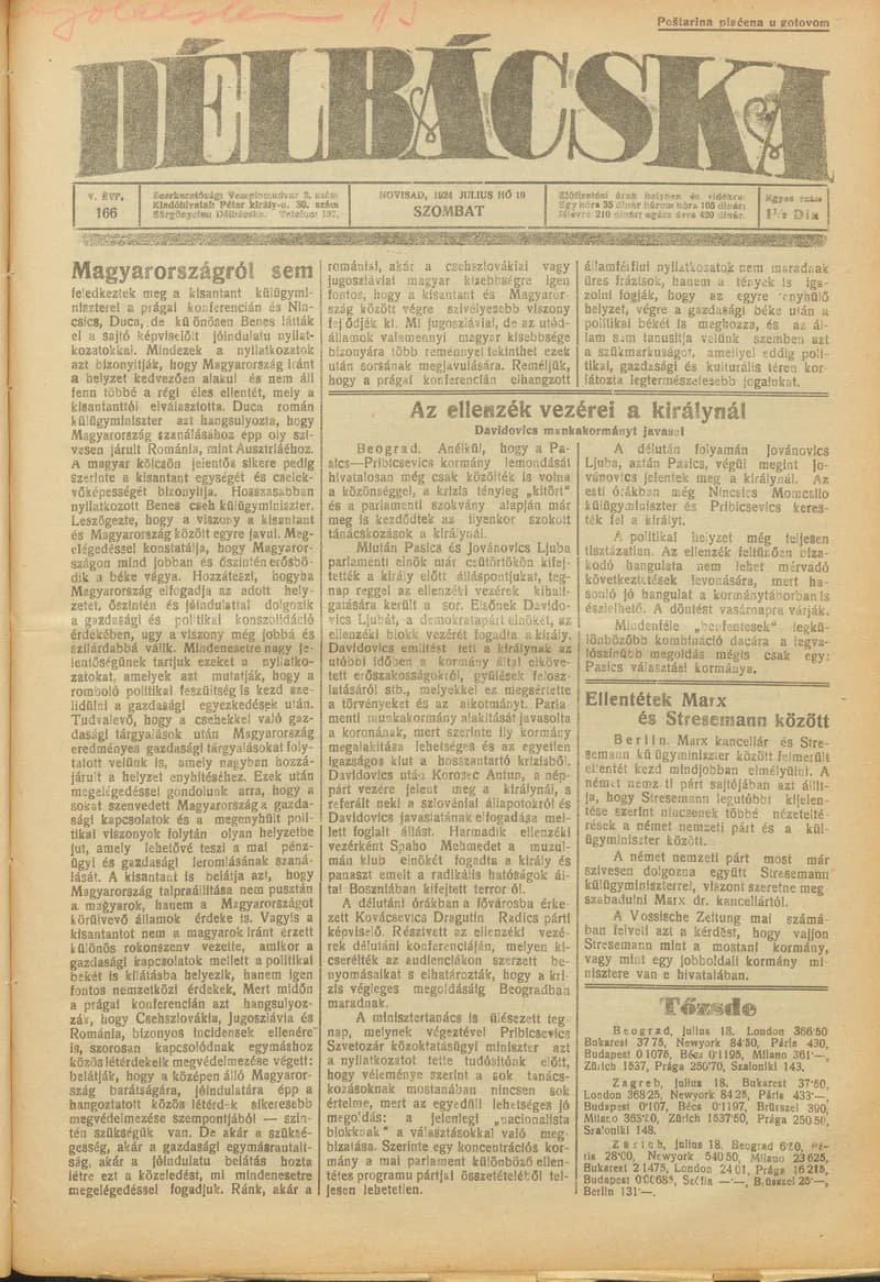 Délbácska, 5. évf. 1924. július 19. 166. sz.