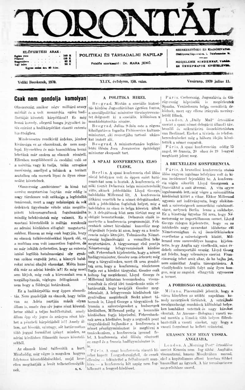 Torontál, 49. évf. 1920. július 11. 150. sz.