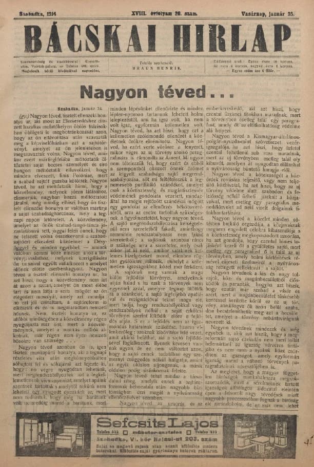 Bácskai Hirlap, 18. évf. 1914. január 25. 20. sz.