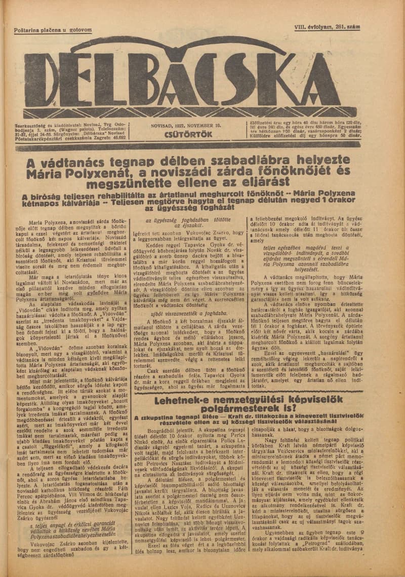 Délbácska, 8. évf. 1927. november 10. 261. sz.