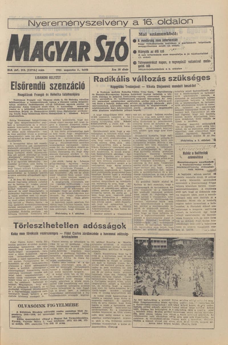 Magyar Szó, 42. évf. 1985. augusztus 5. 213. sz. 1–16. oldal