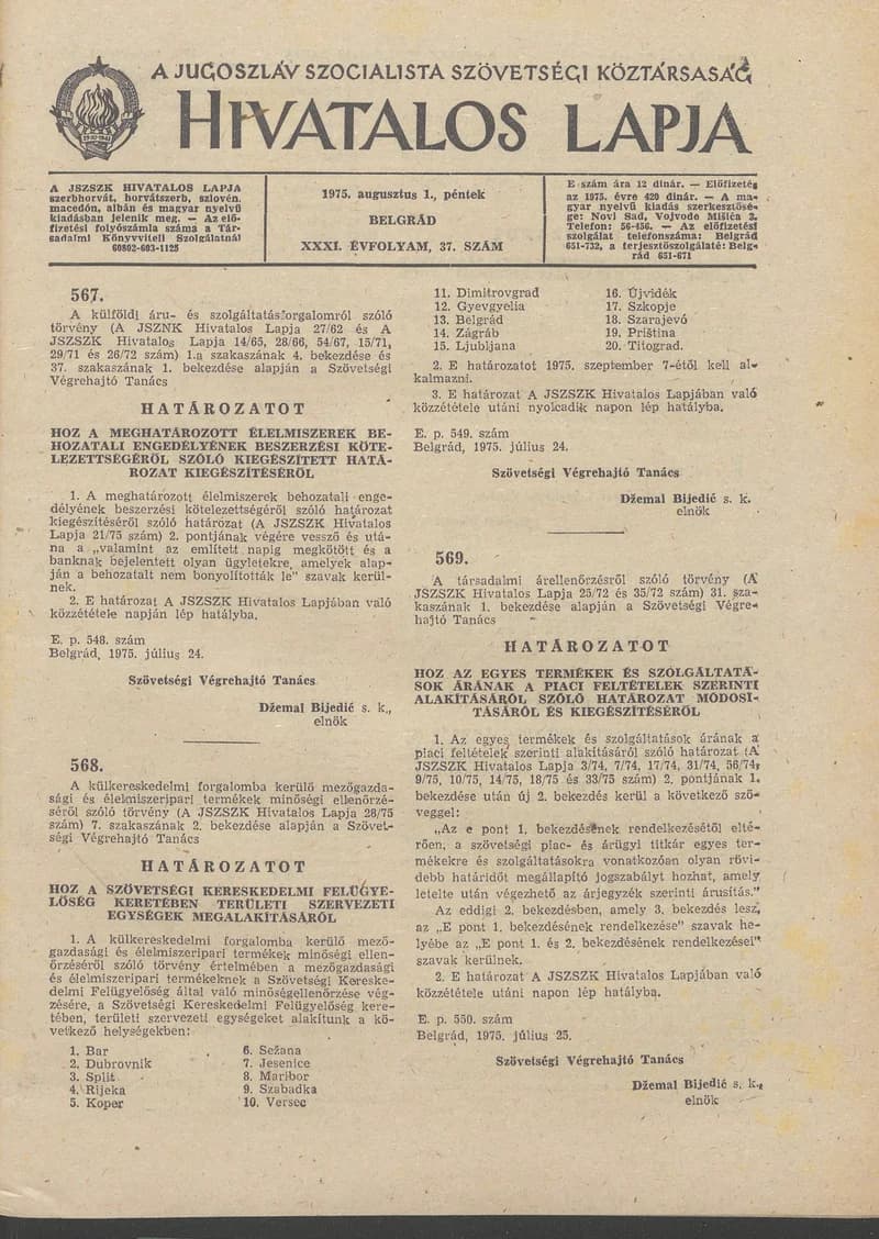 A Jugoszláv Szocialista Szövetségi Köztársaság Hivatalos Lapja, 31. évf. 1975. augusztus 1. 37. sz. 1085–1116. oldal