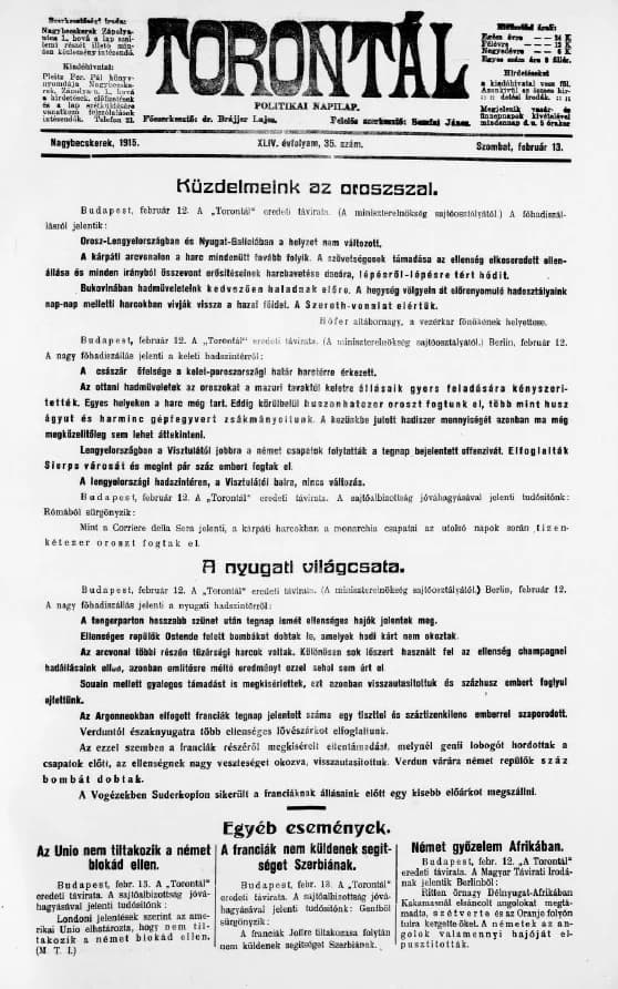 Torontál, 44. évf. 1915. február 13. 35. sz.