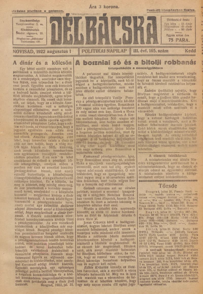 Délbácska, 3. évf. 1922. augusztus 1. 165. sz.