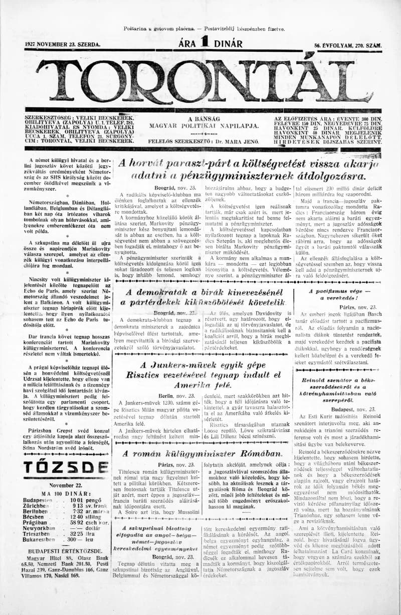 Torontál, 56. évf. 1927. november 23. 270. sz.