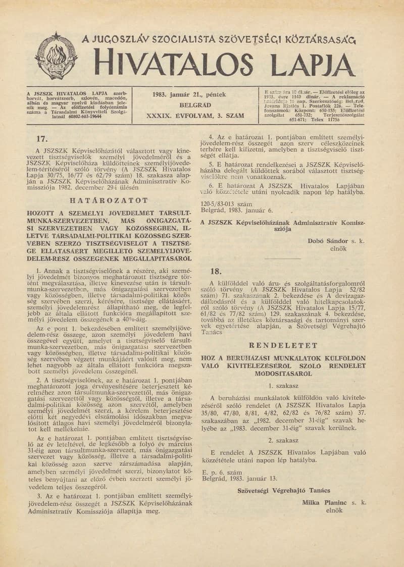 A Jugoszláv Szocialista Szövetségi Köztársaság Hivatalos Lapja, 39. évf. 1983. január 21. 3. sz. 29–44. oldal