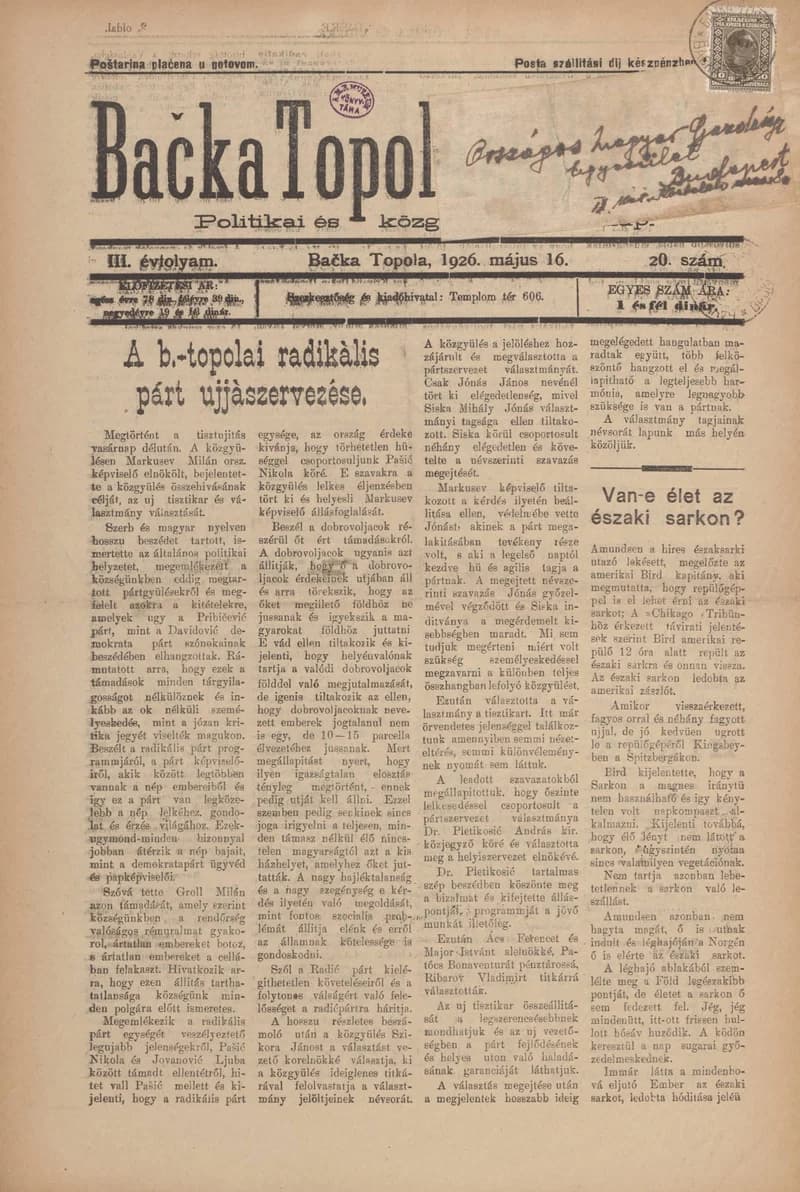 Bačka Topola és Vidéke, 3. évf. 1926. május 16. 20. sz.