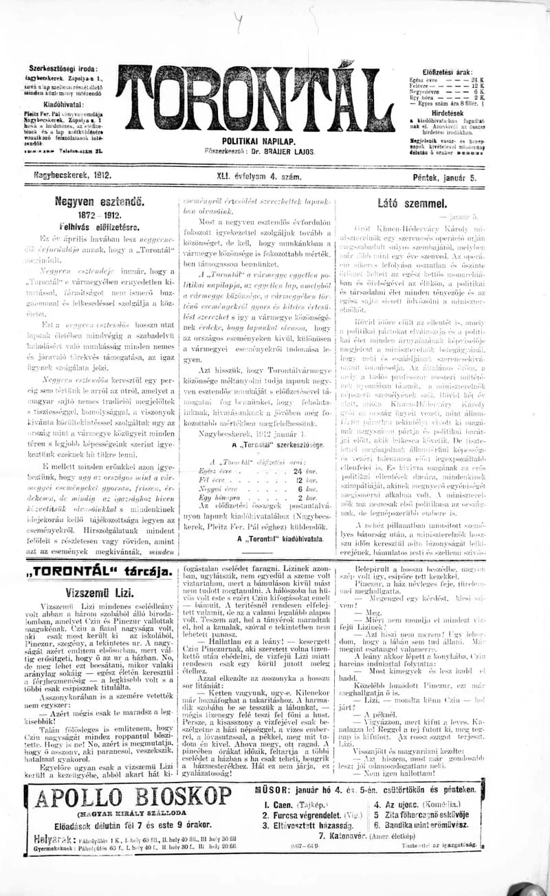 Torontál, 41. évf. 1912. január 5. 4. sz.