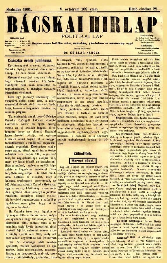 Bácskai Hirlap, 5. évf. 1901. október 28. 168. sz.