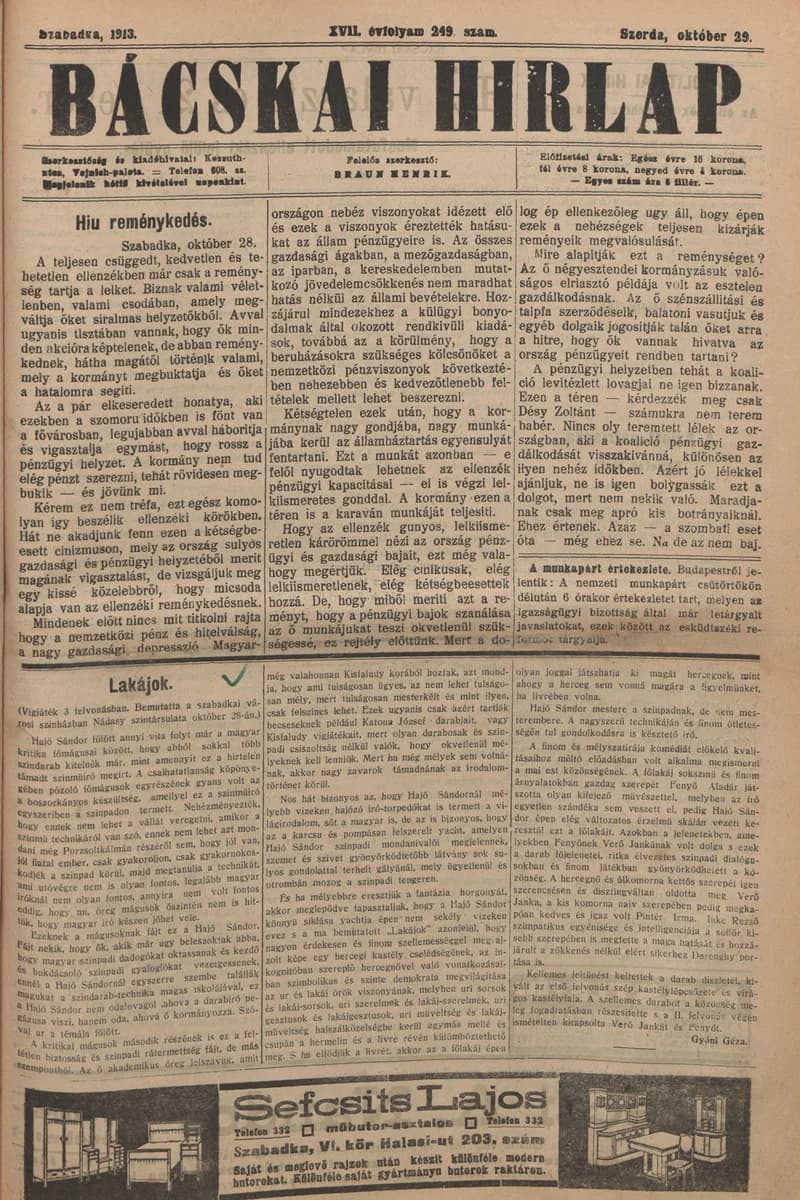 Bácskai Hirlap, 17. évf. 1913. október 29. 249. sz.