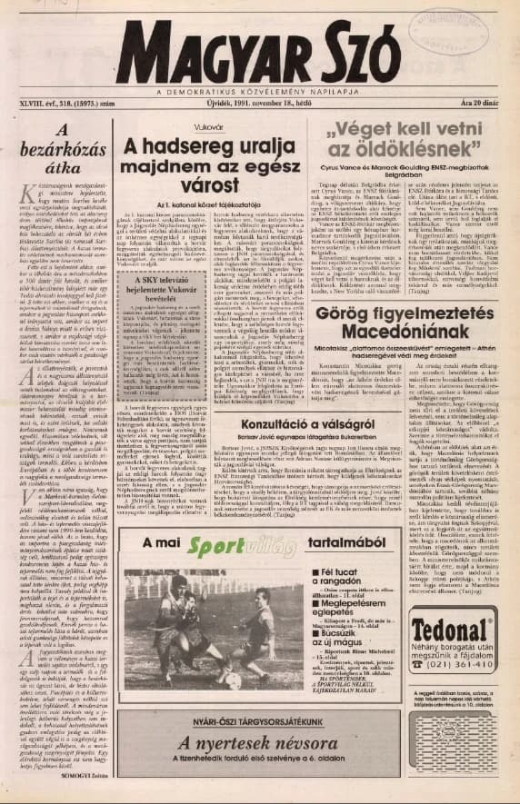 Magyar Szó, 48. évf. 1991. november 18. 318. sz. 1–20. oldal