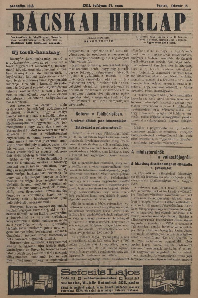 Bácskai Hirlap, 17. évf. 1913. február 14. 37. sz.