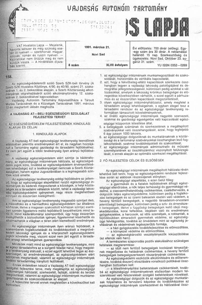 Vajdaság Szocialista Autonóm Tartomány Hivatalos Lapja, 47. évf. 1991. március 21. 8. sz.