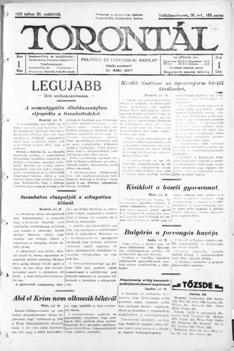 Torontál, 54. évf. 1925. július 30. 169. sz.