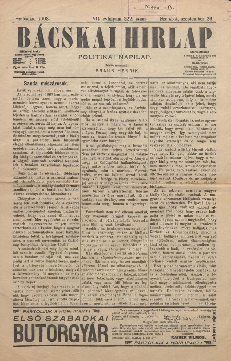 Bácskai Hirlap, 7. évf. 1903. szeptember 26. 222. sz.