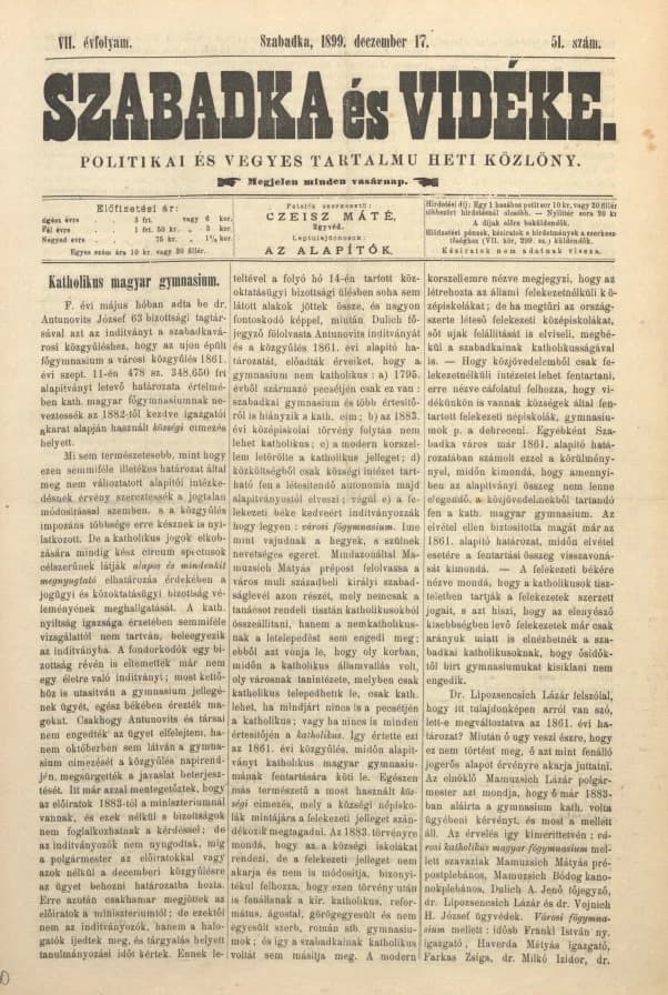 Szabadka és vidéke II, 7. évf. 1899. december 17. 51. sz.