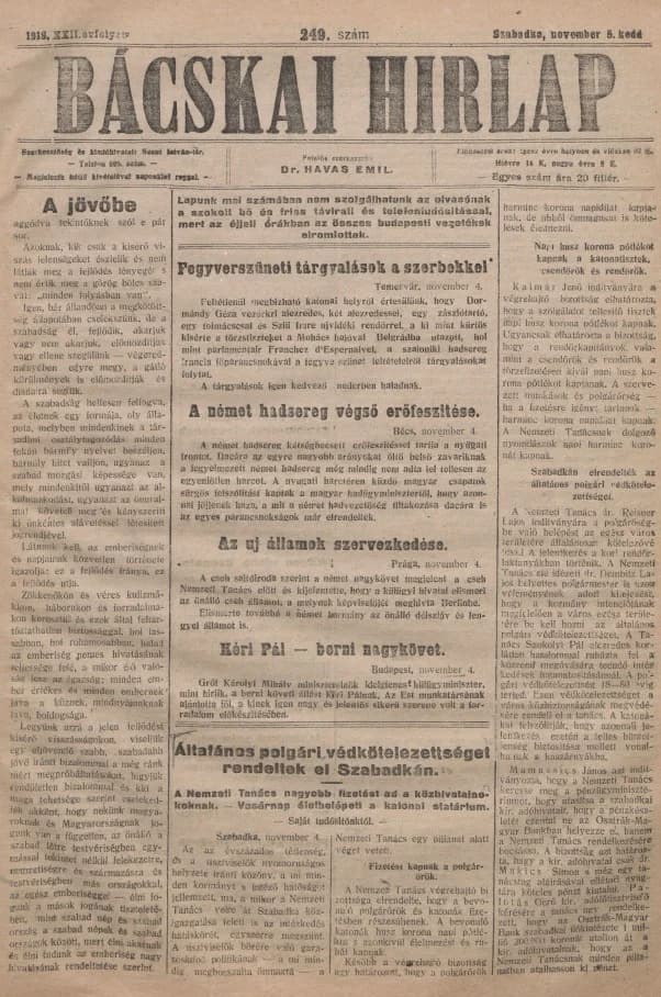 Bácskai Hirlap, 22. évf. 1918. november 5. 249. sz.