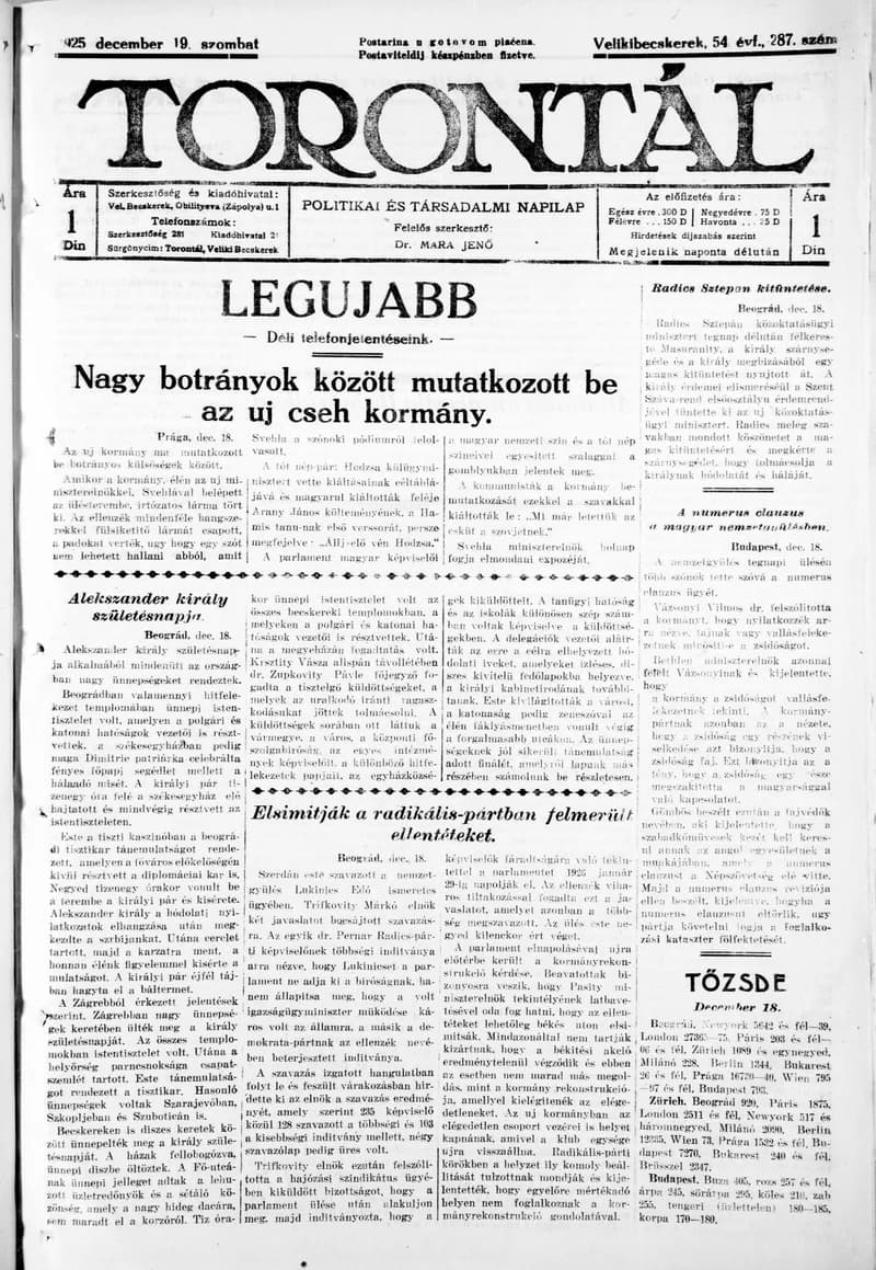 Torontál, 54. évf. 1925. december 19. 287. sz.