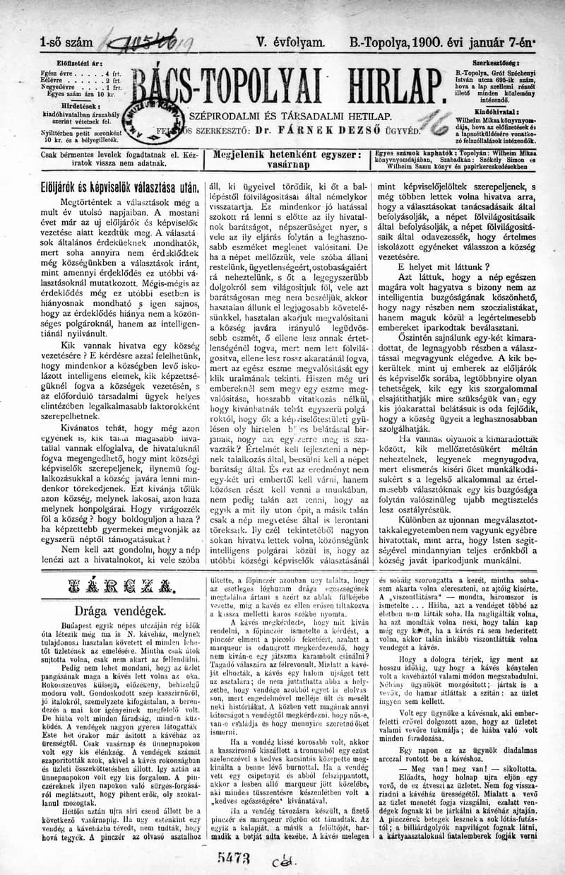 Bács-Topolyai Hirlap, 5. évf. 1900. január 7. 1. sz.