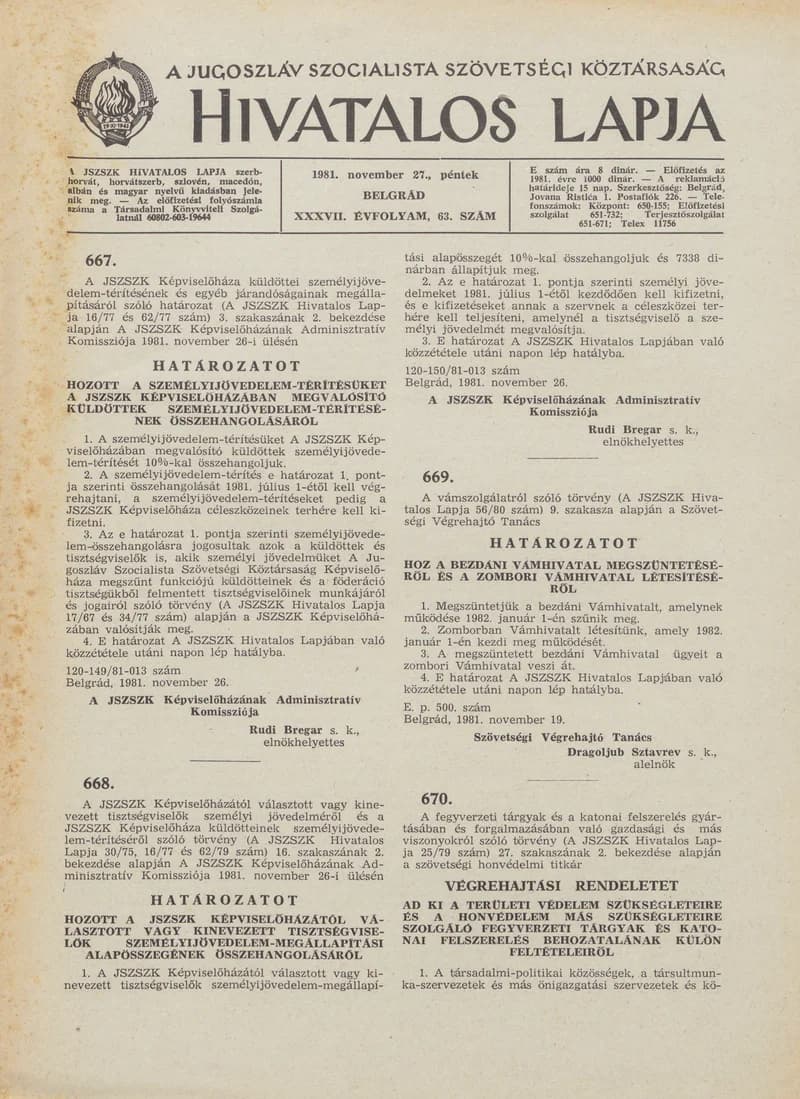 A Jugoszláv Szocialista Szövetségi Köztársaság Hivatalos Lapja, 37. évf. 1981. november 27. 63. sz. 1605–1620. oldal