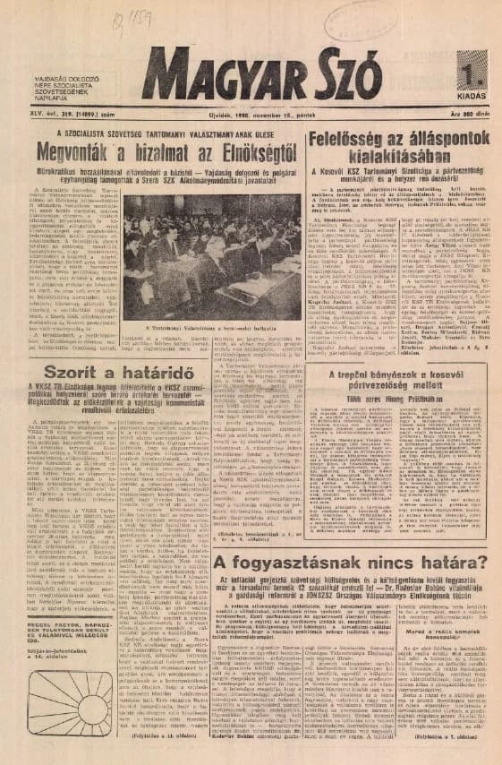 Magyar Szó, 45. évf. 1988. november 18. 319. sz.