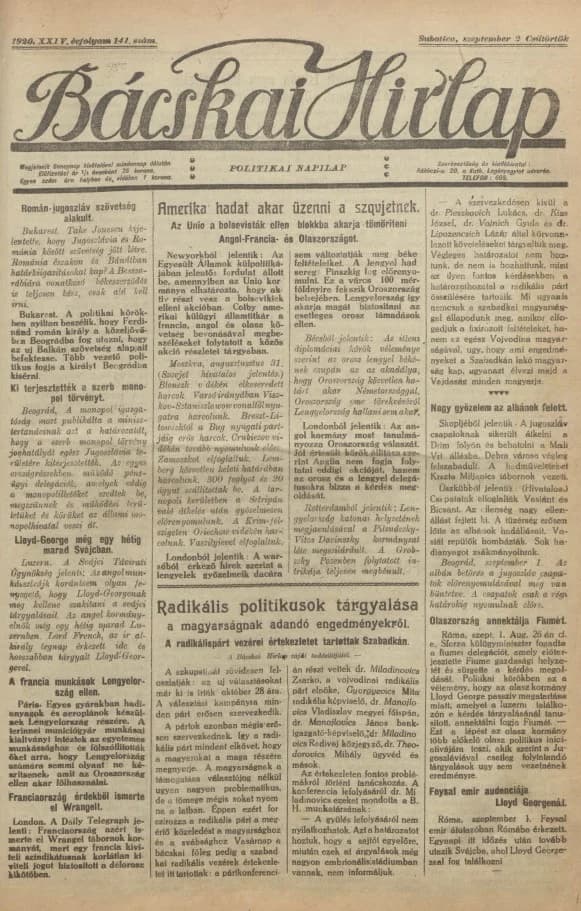 Bácskai Hirlap, 24. évf. 1920. szeptember 2. 141. sz.
