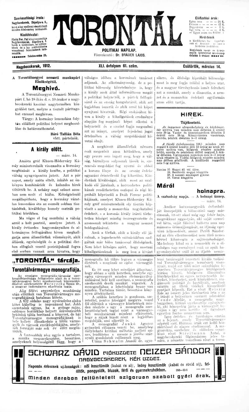 Torontál, 41. évf. 1912. március 14. 61. sz.