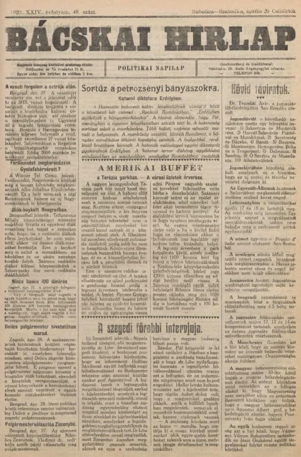 Bácskai Hirlap, 24. évf. 1920. április 29. 49. sz.