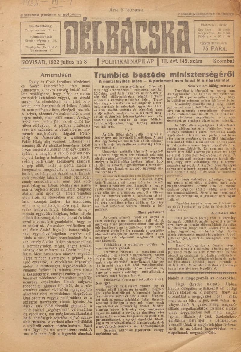 Délbácska, 3. évf. 1922. július 8. 145. sz.