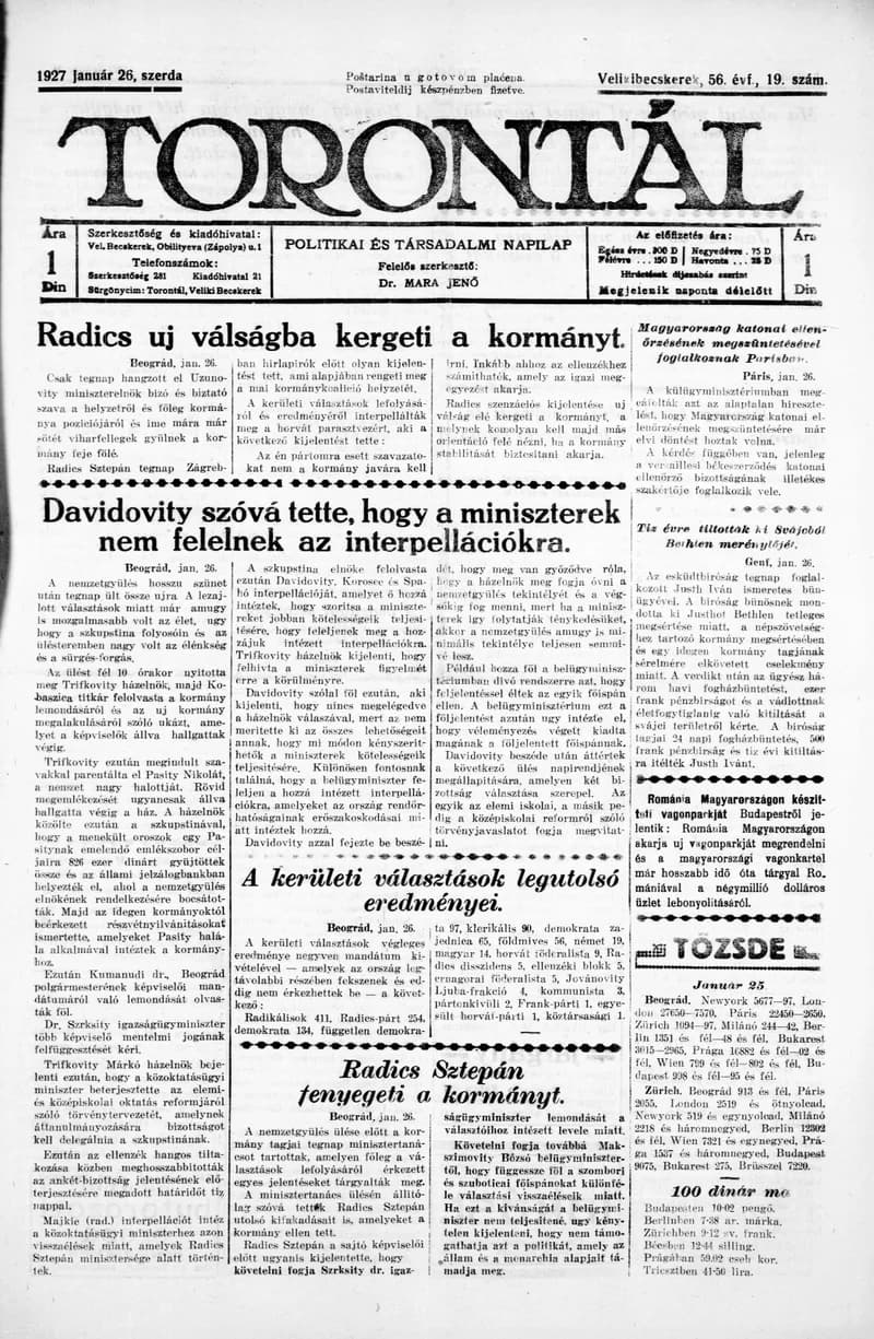 Torontál, 56. évf. 1927. január 26. 19. sz.