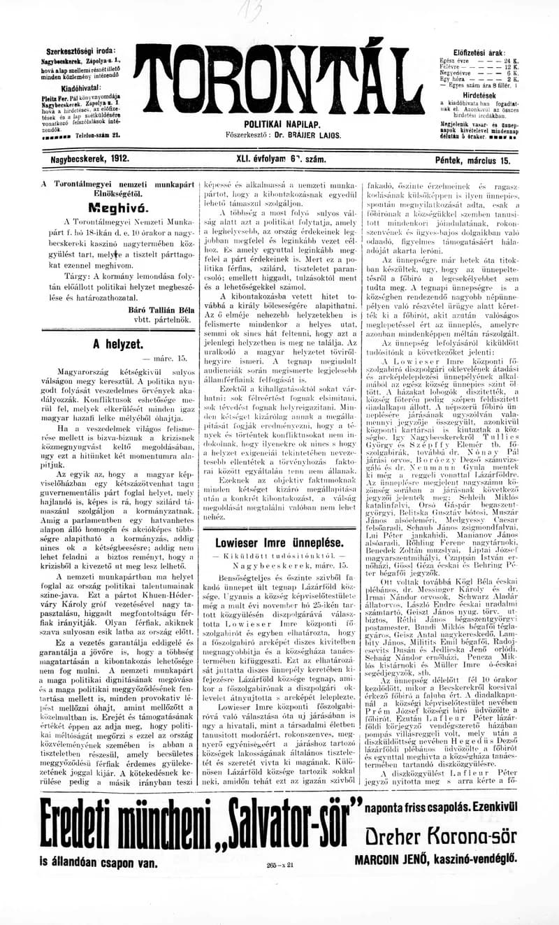 Torontál, 41. évf. 1912. március 15. 62. sz.