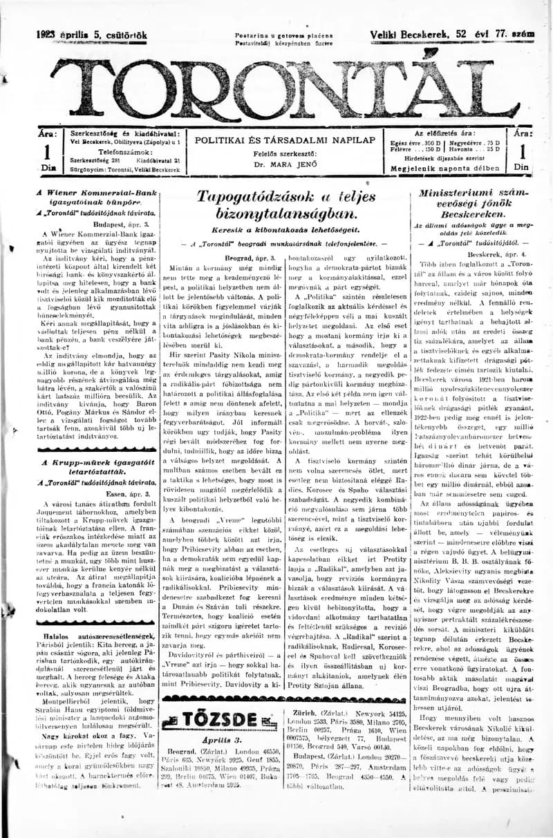Torontál, 52. évf. 1923. április 5. 77. sz.