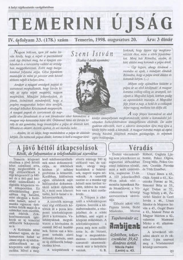 Temerini Újság, 4. évf. 1998. augusztus 20. 33. sz.