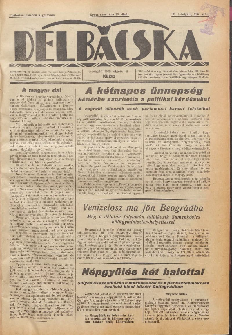Délbácska, 9. évf. 1928. október 9. 236. sz.