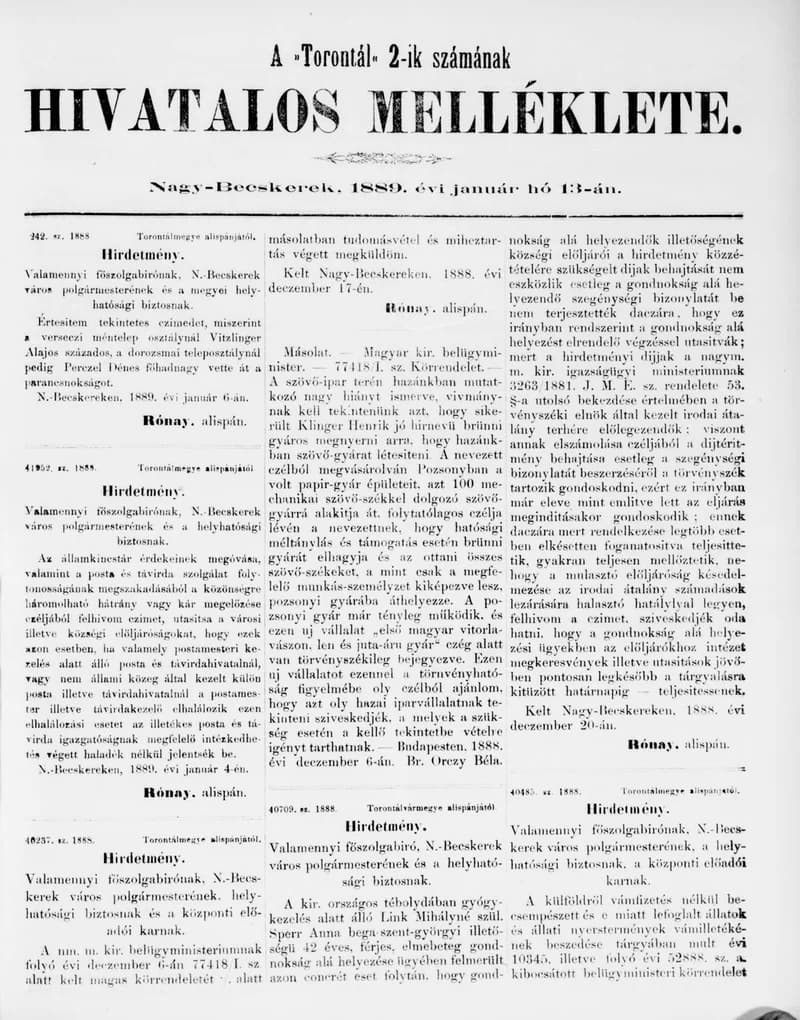 A Totontál  hivatalos melléklete, 2. évf. 1889. január 13. 2. sz.