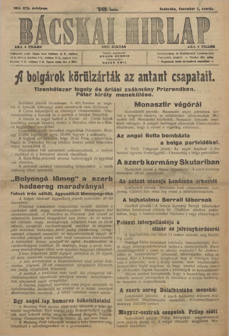 Bácskai Hirlap, 19. évf. 1915. december 1. 549. sz.